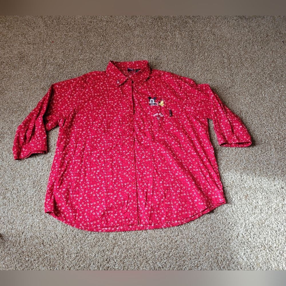 Vtg Disney Women's Embroidered Mickey Mouse Love Bug Red Plaid Button Up Shirt